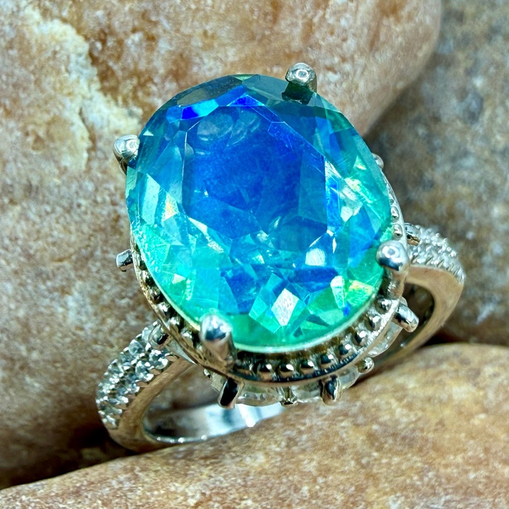 Peacock Quartz Triplet 7.90ctw Platinum Over 925 Sz 7 Ring - Picture 6 of 17